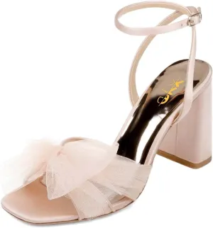 XYD Women Mesh Bow Knots High Chunky Block Heel Sandals Open Square Toe Ankle Strap Pumps Buckled Wedding Party Fashion Shoes