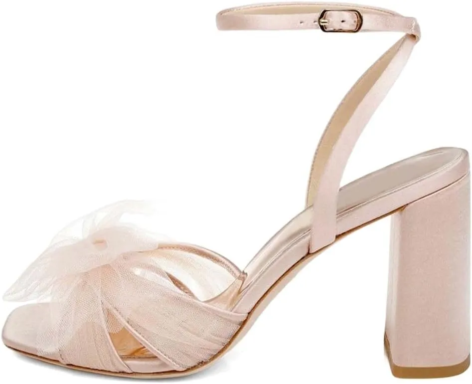 XYD Women Mesh Bow Knots High Chunky Block Heel Sandals Open Square Toe Ankle Strap Pumps Buckled Wedding Party Fashion Shoes