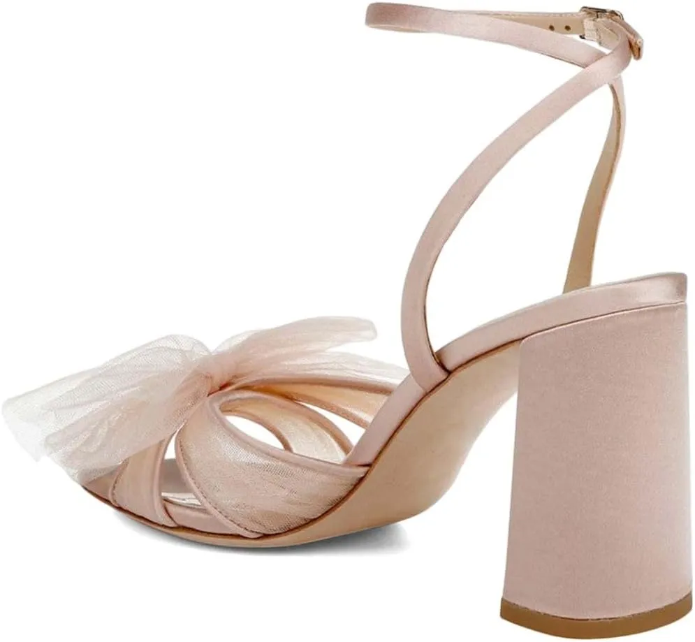 XYD Women Mesh Bow Knots High Chunky Block Heel Sandals Open Square Toe Ankle Strap Pumps Buckled Wedding Party Fashion Shoes