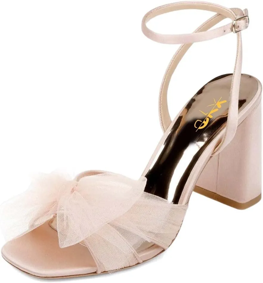 XYD Women Mesh Bow Knots High Chunky Block Heel Sandals Open Square Toe Ankle Strap Pumps Buckled Wedding Party Fashion Shoes