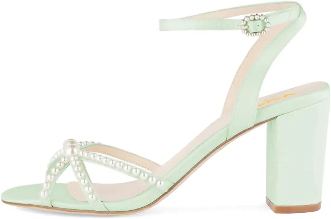 XYD Women Open Toe Strappy Pearl Block Heels Classic Ankle Strap with Buckle Dress Sandals Wedding Bridal Shoes