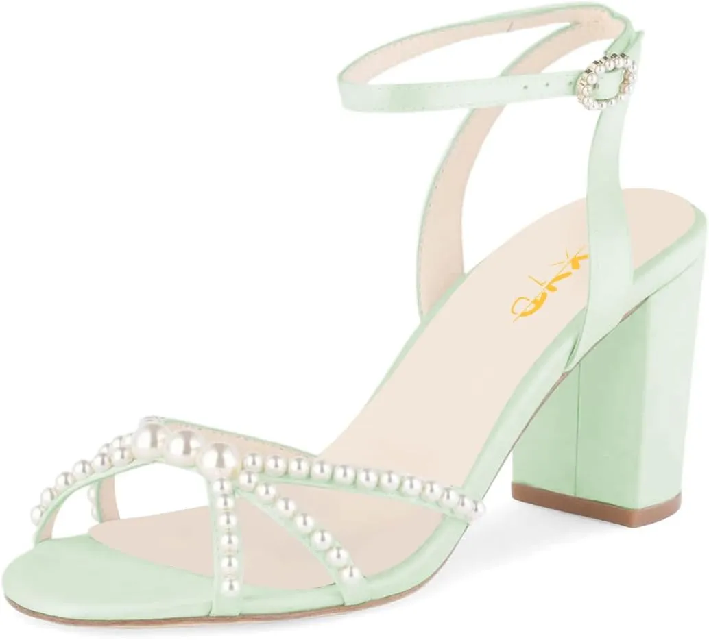XYD Women Open Toe Strappy Pearl Block Heels Classic Ankle Strap with Buckle Dress Sandals Wedding Bridal Shoes