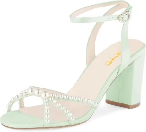 XYD Women Open Toe Strappy Pearl Block Heels Classic Ankle Strap with Buckle Dress Sandals Wedding Bridal Shoes