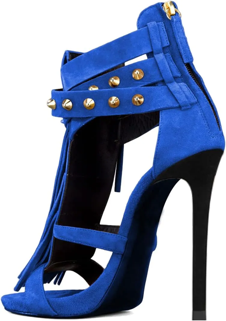 XYD Women Sexy Rivets Tassels Open Toe Pumps Buckled High Heel Cutout Stiletto Sandals with Back Zipper Nightclub Cocktail Party Fashion Shoes