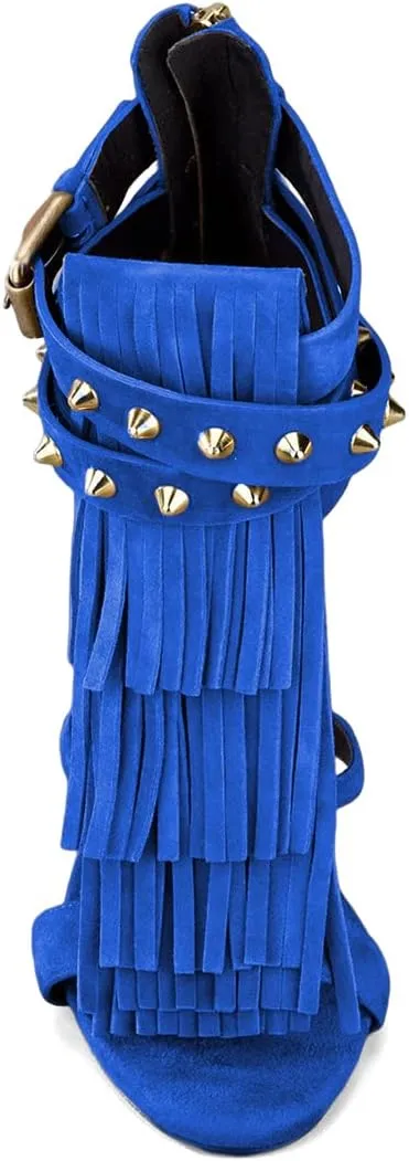 XYD Women Sexy Rivets Tassels Open Toe Pumps Buckled High Heel Cutout Stiletto Sandals with Back Zipper Nightclub Cocktail Party Fashion Shoes