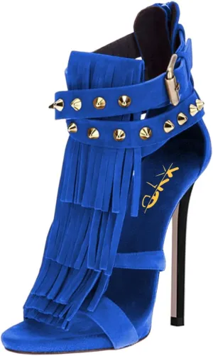 XYD Women Sexy Rivets Tassels Open Toe Pumps Buckled High Heel Cutout Stiletto Sandals with Back Zipper Nightclub Cocktail Party Fashion Shoes