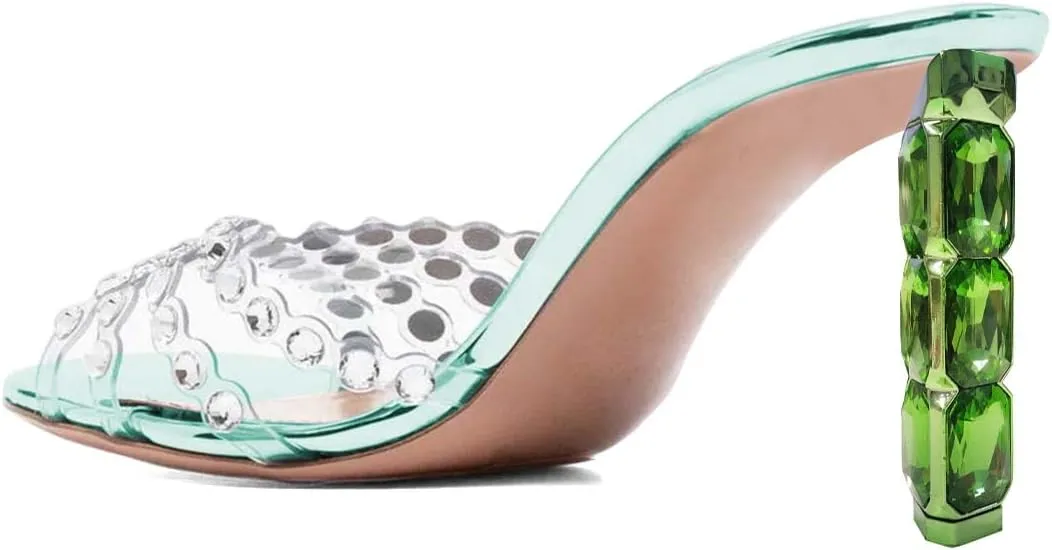 XYD Women Sparkly Rhinestones Open Round Toe Slide Sandals High Crystal Chunky Heel Slip On Slippers Clear Summer Party Event Dressy Shoes