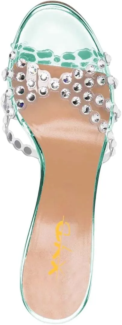 XYD Women Sparkly Rhinestones Open Round Toe Slide Sandals High Crystal Chunky Heel Slip On Slippers Clear Summer Party Event Dressy Shoes