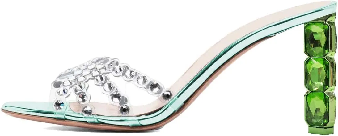 XYD Women Sparkly Rhinestones Open Round Toe Slide Sandals High Crystal Chunky Heel Slip On Slippers Clear Summer Party Event Dressy Shoes