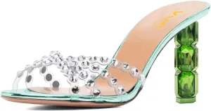 XYD Women Sparkly Rhinestones Open Round Toe Slide Sandals High Crystal Chunky Heel Slip On Slippers Clear Summer Party Event Dressy Shoes