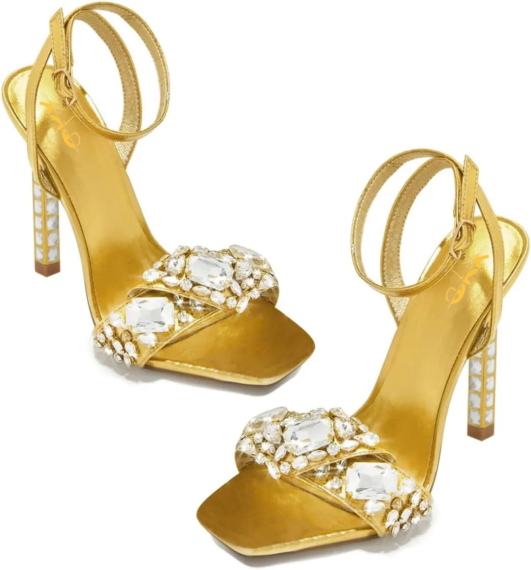 XYD Women Square Open Toe Buckle Ankle Strap Sparkling High Heel Sandals Bejeweled Rhinestone Bridal Evening Party Summer Fancy Pumps Shoes