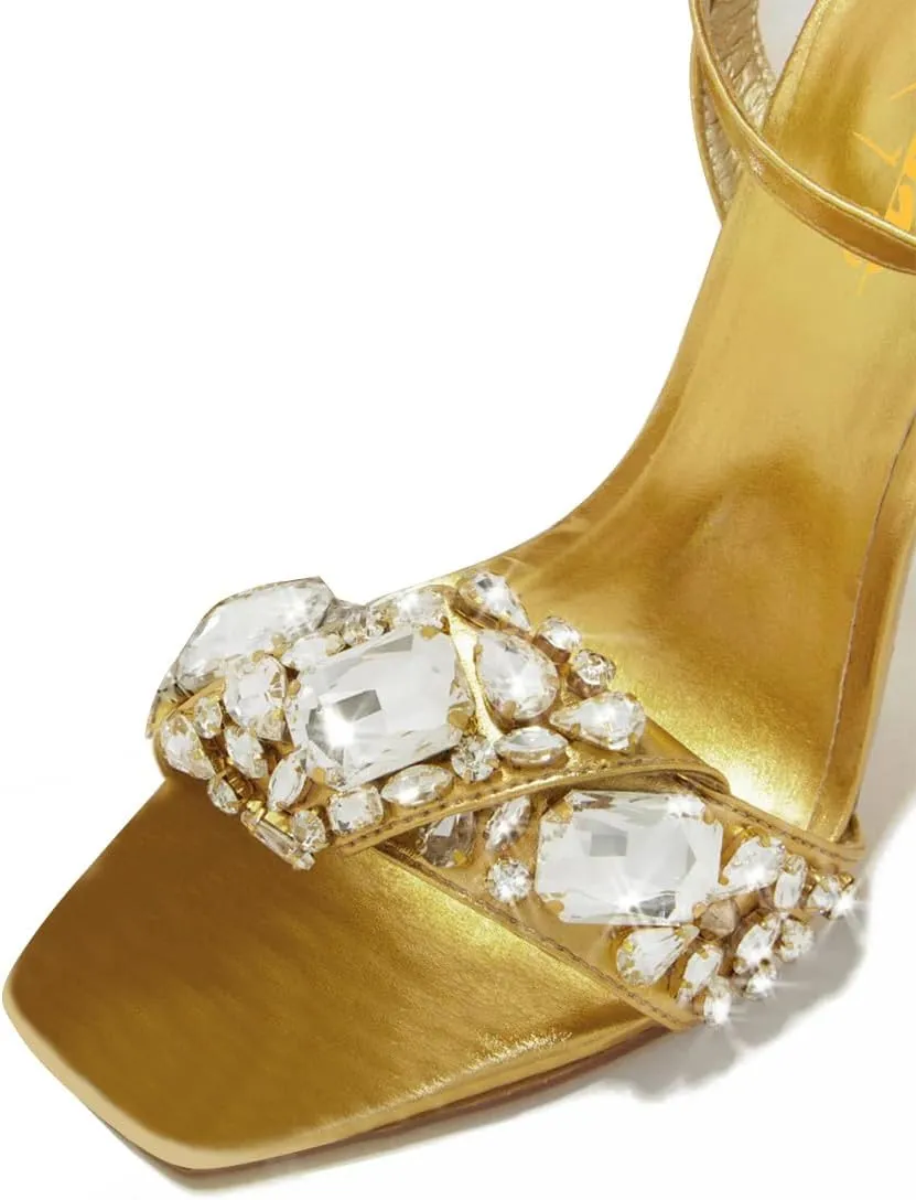 XYD Women Square Open Toe Buckle Ankle Strap Sparkling High Heel Sandals Bejeweled Rhinestone Bridal Evening Party Summer Fancy Pumps Shoes