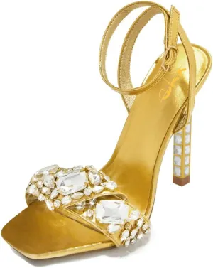 XYD Women Square Open Toe Buckle Ankle Strap Sparkling High Heel Sandals Bejeweled Rhinestone Bridal Evening Party Summer Fancy Pumps Shoes