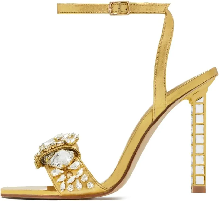 XYD Women Square Open Toe Buckle Ankle Strap Sparkling High Heel Sandals Bejeweled Rhinestone Bridal Evening Party Summer Fancy Pumps Shoes