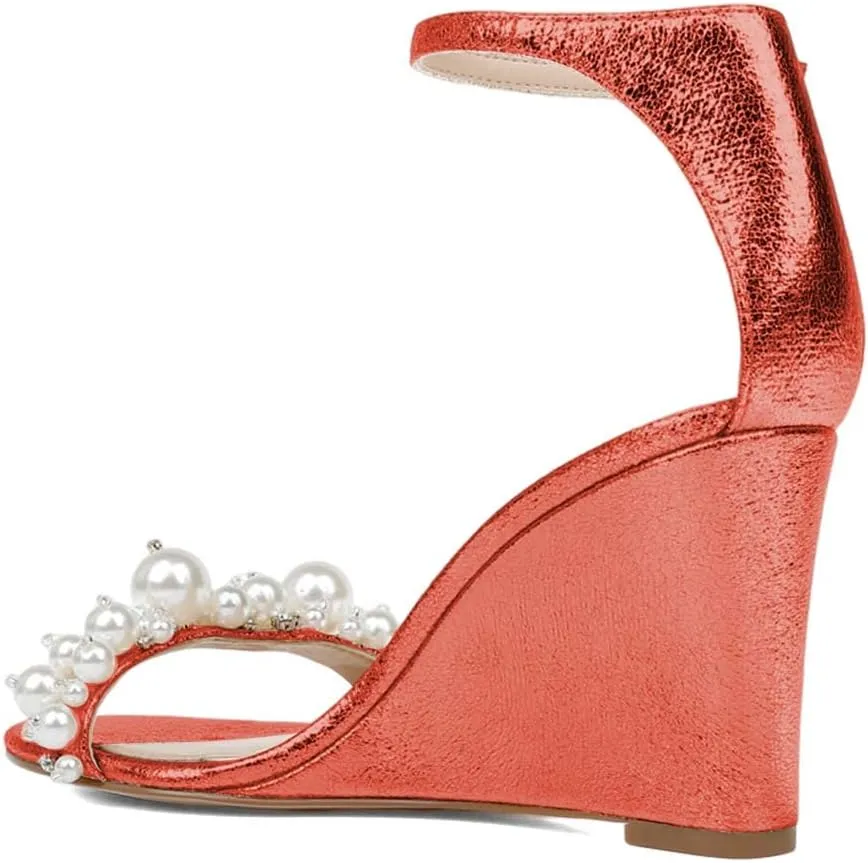 XYD Women Wedge Heel Romance Open Toe Sandals Rhinestones Pearl Embellished Ankle Strap Dressy Comfort Pumps Wedding Shoes