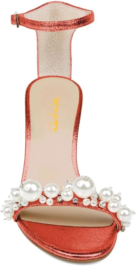 XYD Women Wedge Heel Romance Open Toe Sandals Rhinestones Pearl Embellished Ankle Strap Dressy Comfort Pumps Wedding Shoes