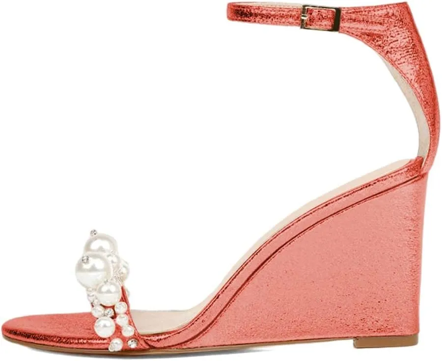 XYD Women Wedge Heel Romance Open Toe Sandals Rhinestones Pearl Embellished Ankle Strap Dressy Comfort Pumps Wedding Shoes