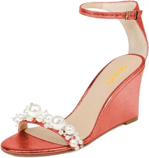 XYD Women Wedge Heel Romance Open Toe Sandals Rhinestones Pearl Embellished Ankle Strap Dressy Comfort Pumps Wedding Shoes