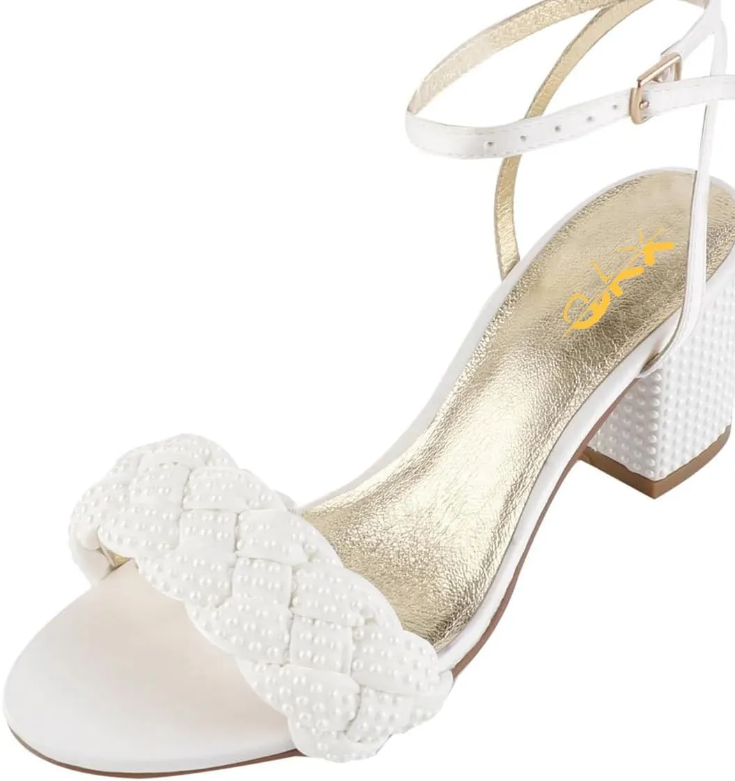 XYD Women's Open Toe Plait Wedding Mid Block Heel Sandals Ankle Strap with Buckle Bridal Dress Shoes
