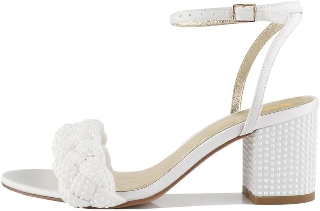 XYD Women's Open Toe Plait Wedding Mid Block Heel Sandals Ankle Strap with Buckle Bridal Dress Shoes