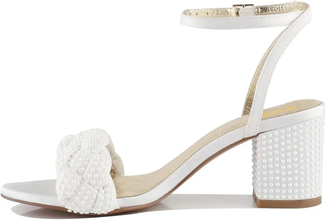 XYD Women's Open Toe Plait Wedding Mid Block Heel Sandals Ankle Strap with Buckle Bridal Dress Shoes
