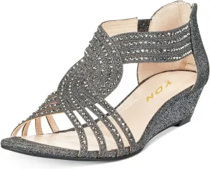 YDN Women Summer Wedge Glitter Sandals Open Toe Rhinestones Cross Over Straps Mid Heels with Back Zippper Holiday Casual Shoe Size 4-15