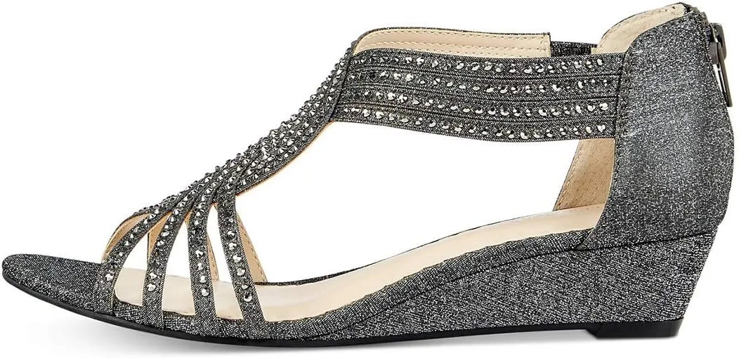 YDN Women Summer Wedge Glitter Sandals Open Toe Rhinestones Cross Over Straps Mid Heels with Back Zippper Holiday Casual Shoe Size 4-15