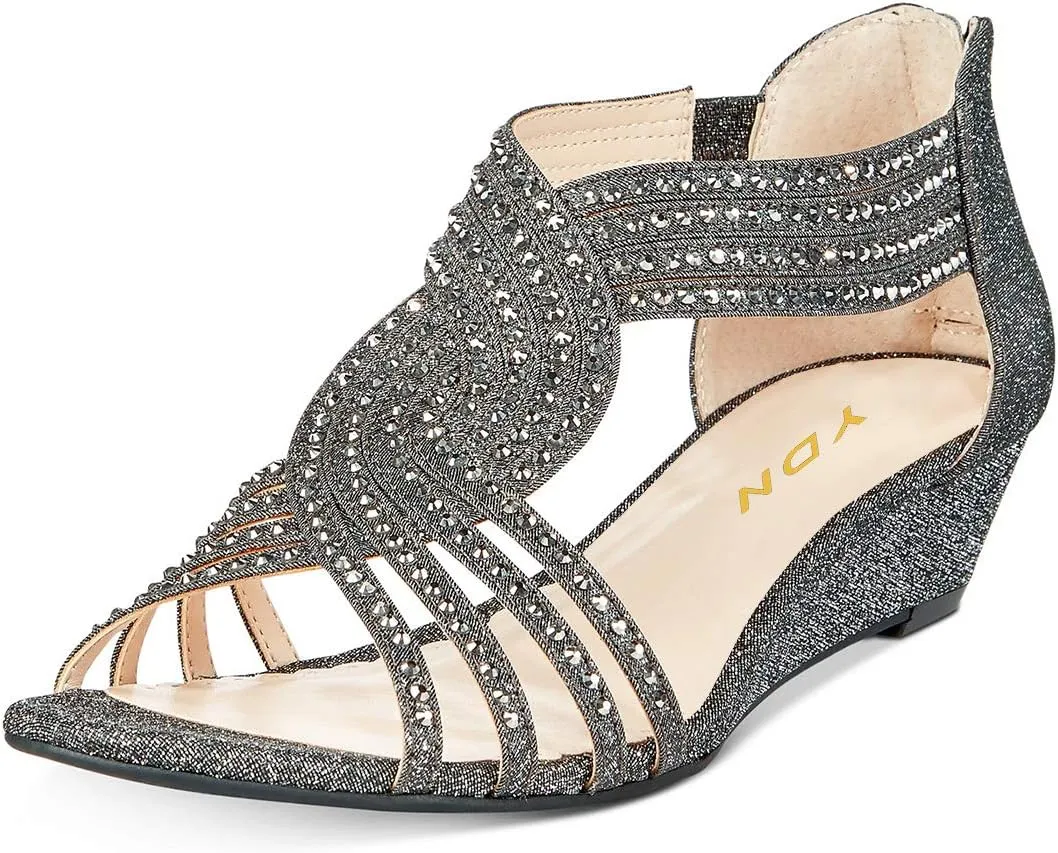YDN Women Summer Wedge Glitter Sandals Open Toe Rhinestones Cross Over Straps Mid Heels with Back Zippper Holiday Casual Shoe Size 4-15