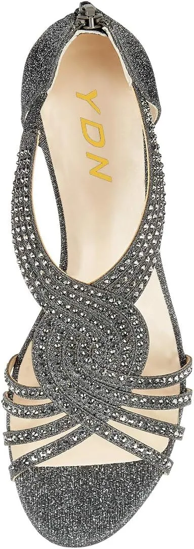 YDN Women Summer Wedge Glitter Sandals Open Toe Rhinestones Cross Over Straps Mid Heels with Back Zippper Holiday Casual Shoe Size 4-15