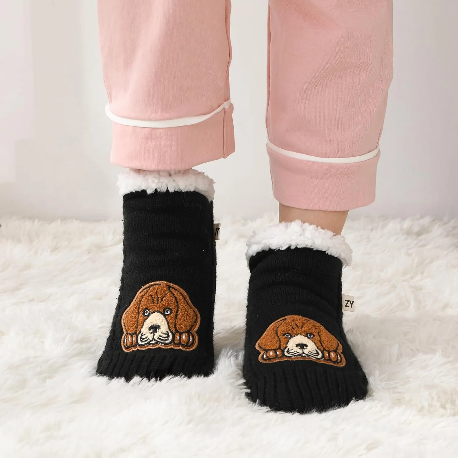 ZYZX Dog Pattern Slipper Socks with Grips Winter Knit Fleece-lined Warm Cute Fuzzy Socks Non Slip Cozy Soft Funny Fluffy House Socks Gifts
