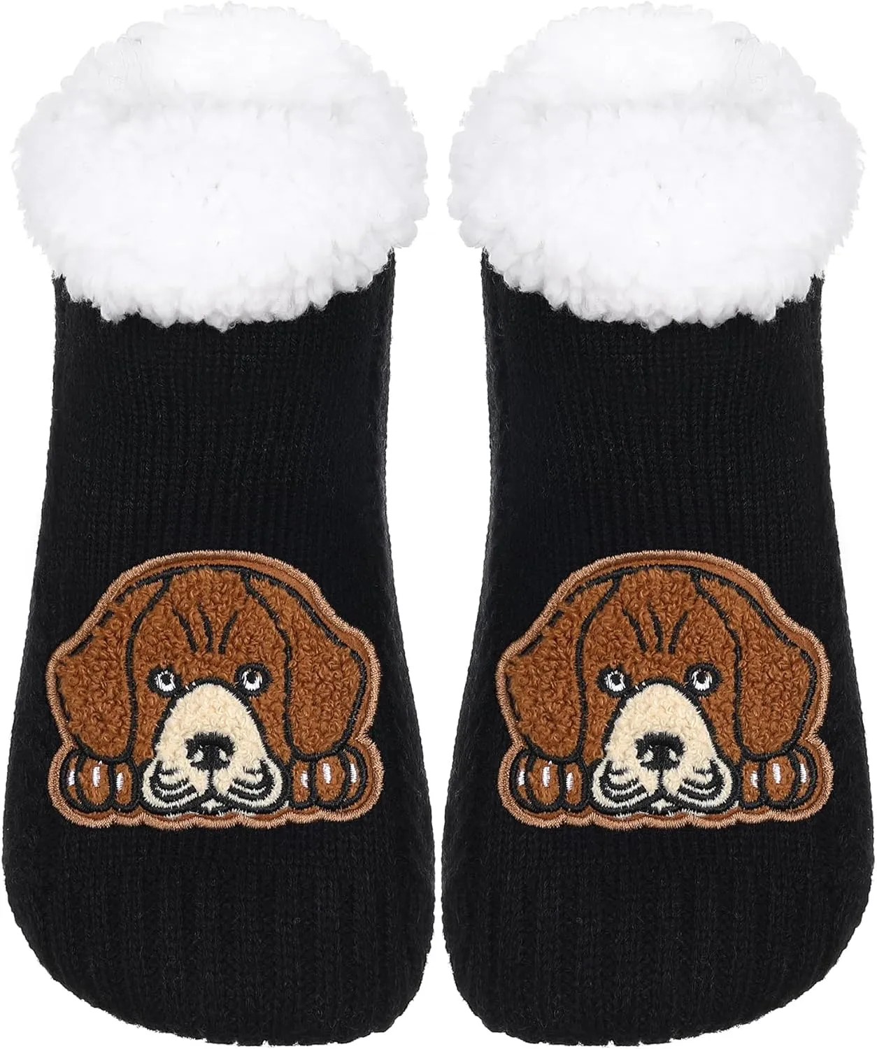 ZYZX Dog Pattern Slipper Socks with Grips Winter Knit Fleece-lined Warm Cute Fuzzy Socks Non Slip Cozy Soft Funny Fluffy House Socks Gifts