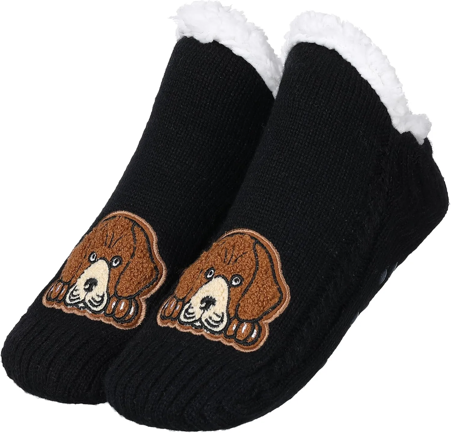 ZYZX Dog Pattern Slipper Socks with Grips Winter Knit Fleece-lined Warm Cute Fuzzy Socks Non Slip Cozy Soft Funny Fluffy House Socks Gifts