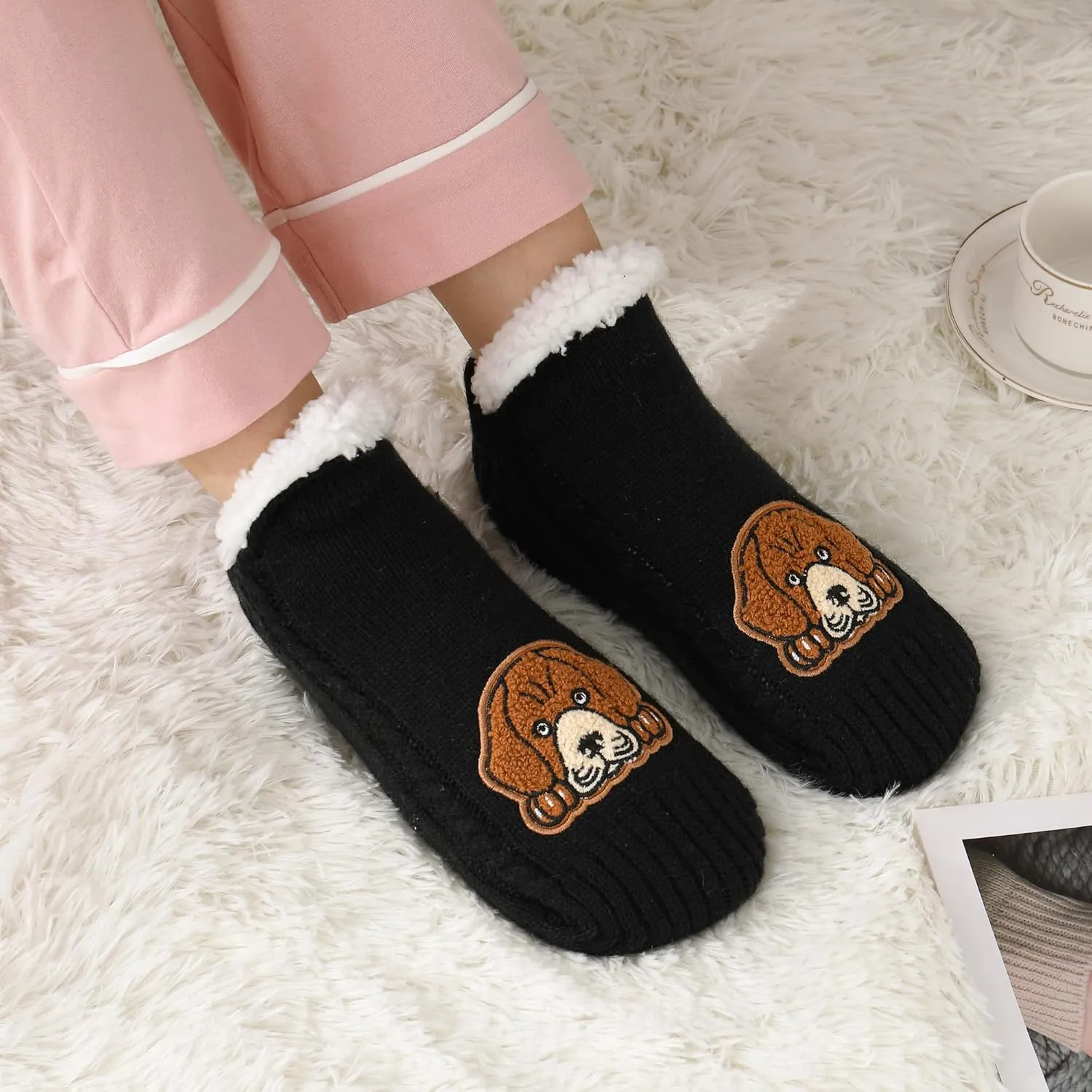 ZYZX Dog Pattern Slipper Socks with Grips Winter Knit Fleece-lined Warm Cute Fuzzy Socks Non Slip Cozy Soft Funny Fluffy House Socks Gifts