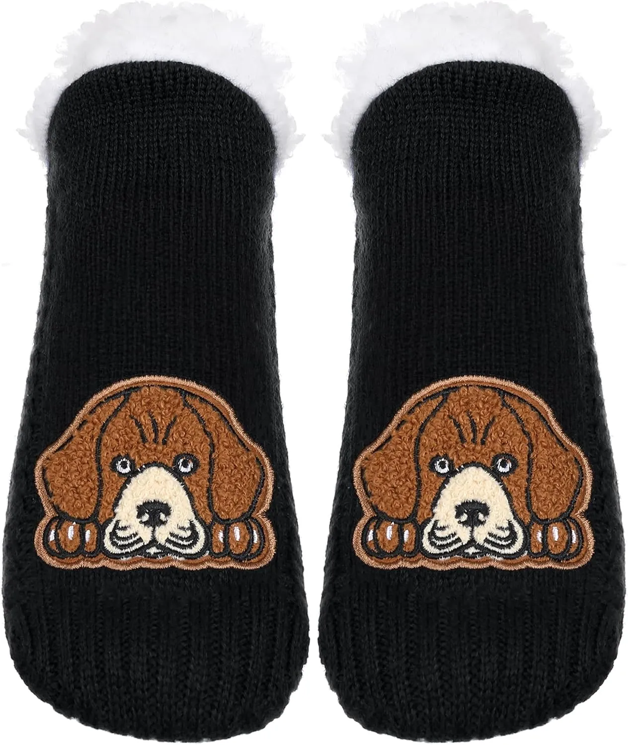 ZYZX Dog Pattern Slipper Socks with Grips Winter Knit Fleece-lined Warm Cute Fuzzy Socks Non Slip Cozy Soft Funny Fluffy House Socks Gifts